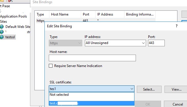 привязать самоподписанный ssl сертфикат к сайту в IIS Manager