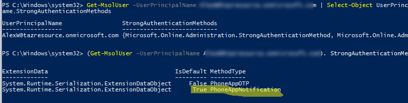 powershell проверить какой тип MFA настроен у пользователя