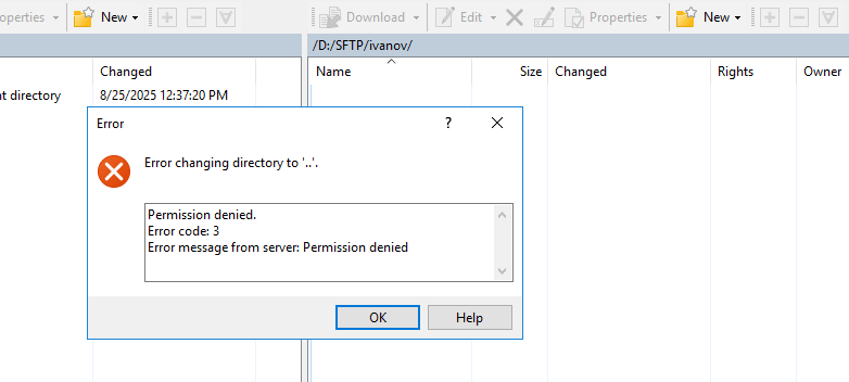 Проверка нового SFTP-пользователя через WinSCP