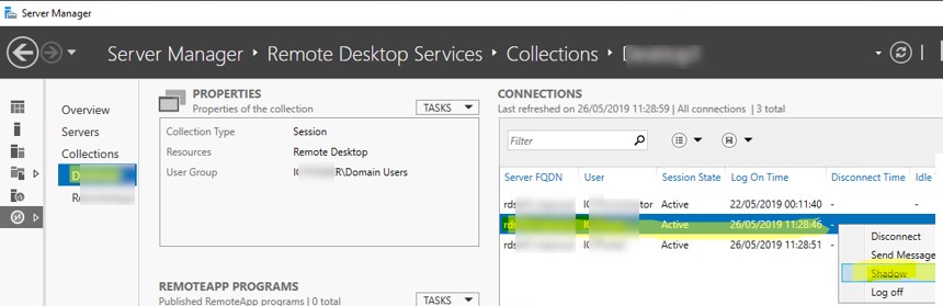 Windows Server RDS теневое подключение к сесии пользователя из консоли Server Manager