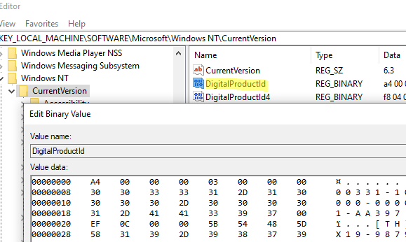 DigitalProductID параметр реестра содержит ключ Windows в кодировке