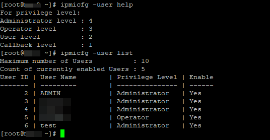 ipmicfg -user list - вывести список пользователей ipmi и права