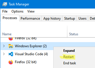 перезапустить file explorer