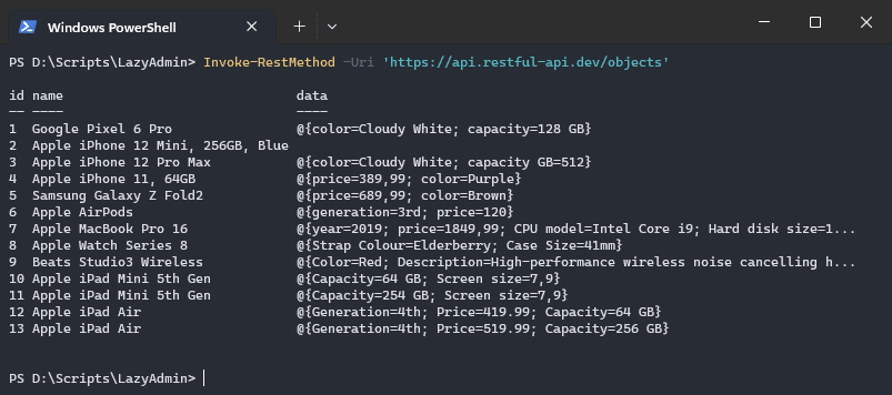 Пример JSON-ответа REST-сервиса в PowerShell.