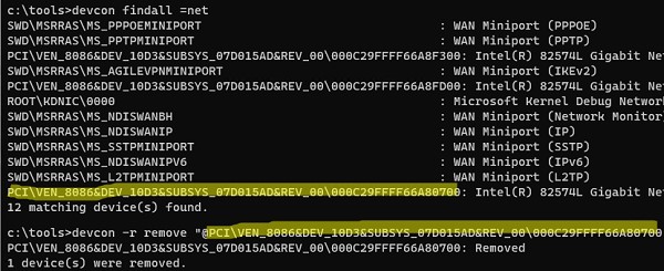 devcon удаление несуществующей сетевой карты в Windows