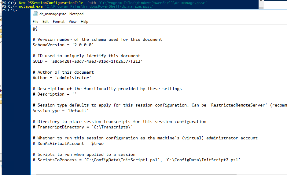 New-PSSessionConfigurationFile pssc конфигурационный файл Just Enough Administration