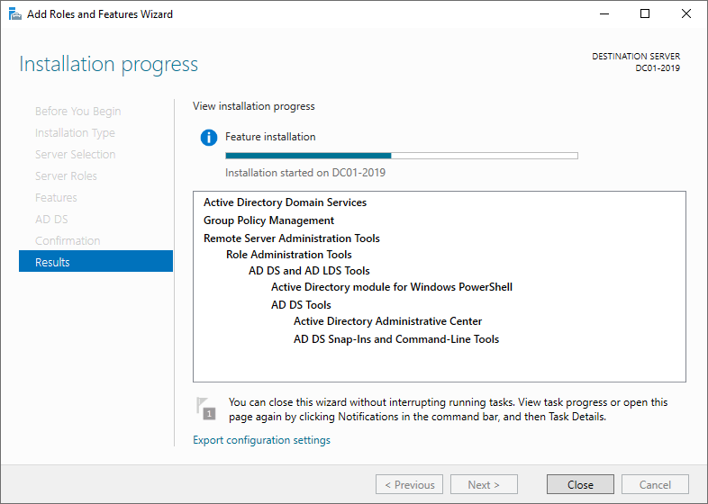 Процесс установки Active Directory Domain Services