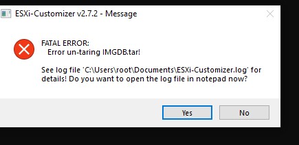 esxi-customizer ошибка Error un-taring IMGDB.tar