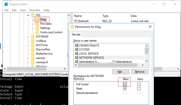 дать права Full Control для Network Service на ветку CurrentControlSet\services\VSS\Diag