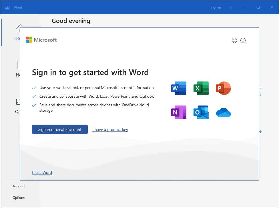 Окно активации Microsoft Office с предложением войти в учетную запись