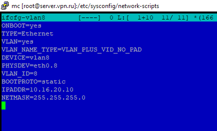 /etc/sysconfig/network-scripts/ifcfg-vlan8 - настройка файла с vlan в centos