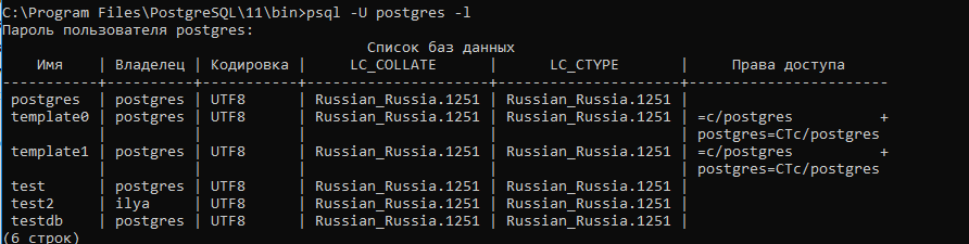 Psql -U postgres вывести список запушенных баз