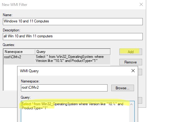 Указать код wmi запроса в фильтре gpo