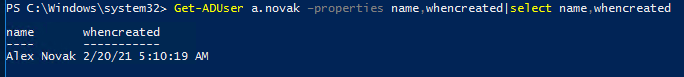 Get-ADUser PowerShell - когда был создан пользователь в active directory - атрибут whencreated