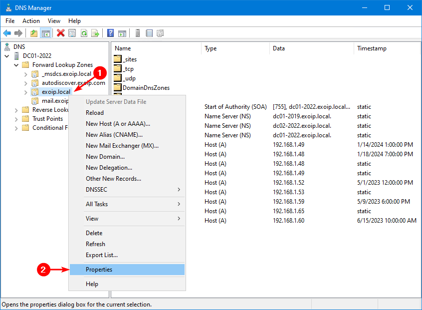 Свойства DNS-зоны в Диспетчере DNS Windows Server