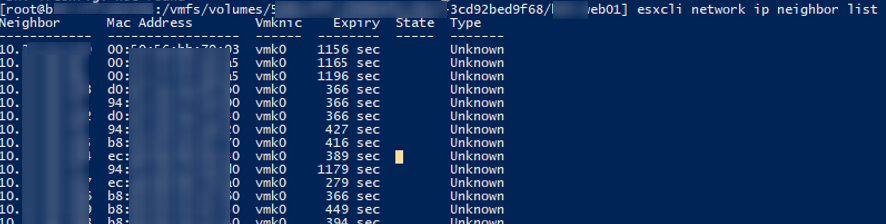 esxcli network ip neighbor - список соседних хостов vmware ip и mac адреса