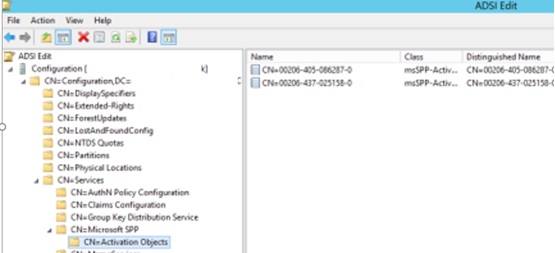 конфигурации домена CN=Activation Objects,CN=Microsoft SPP,CN=Services,CN=Configuration 