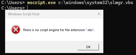 wscript: There is no script engine for file extension ".vbs".