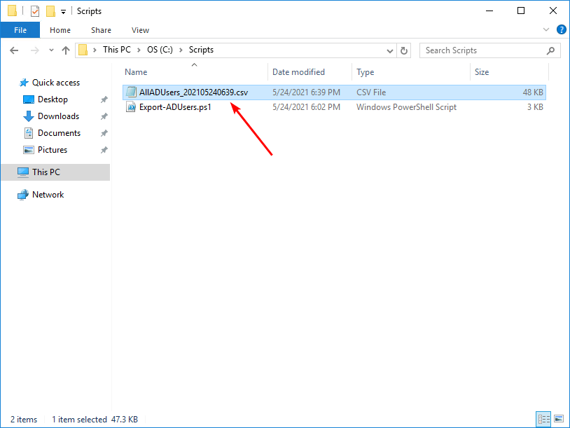 CSV-файл с экспортированными пользователями Active Directory