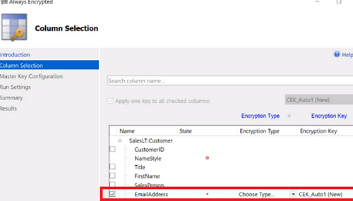 выбрать ключ шифрования столбца базы данных azure sql