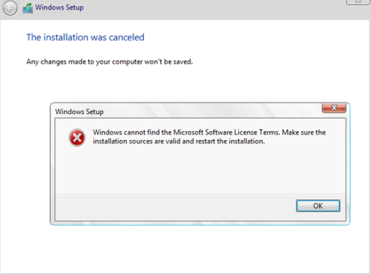 Windows cannot find the Microsoft Software License Terms