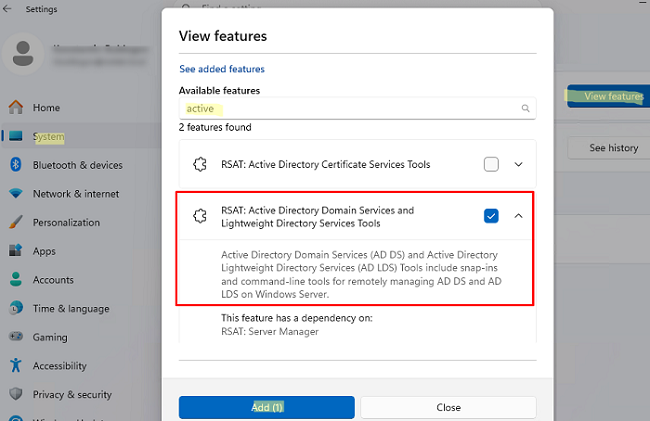 установка компонента RSAT: Active Directory Domain Services and Lightweight Directory Services Tool в Windows 11
