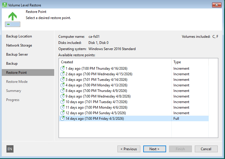 Выбор точки восстановления Veeam Agent