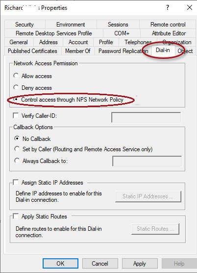Параметр Network Access Permission в свойствах пользователя Active Directory