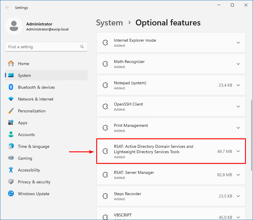 Проверка установленного RSAT в дополнительных компонентах Windows 11