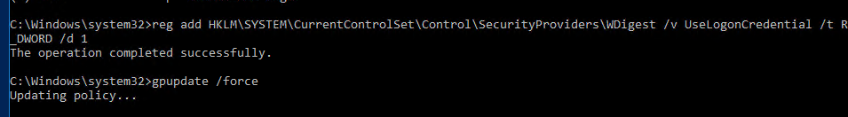 включить wdigest в windows через UseLogonCredential 
