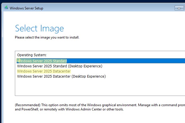 установка windows server core 2025