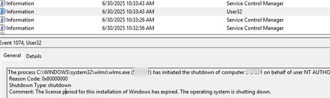 wlms.exe инициировала выключение Windows из за того, что лицензия Windows истекла