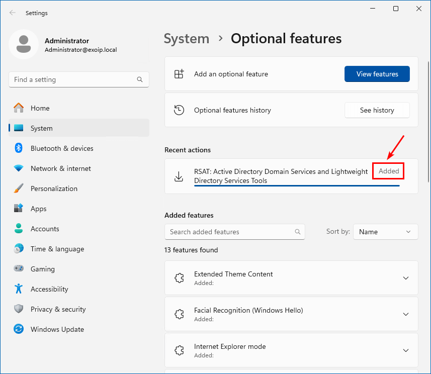 Успешно установленный компонент RSAT в Windows 11