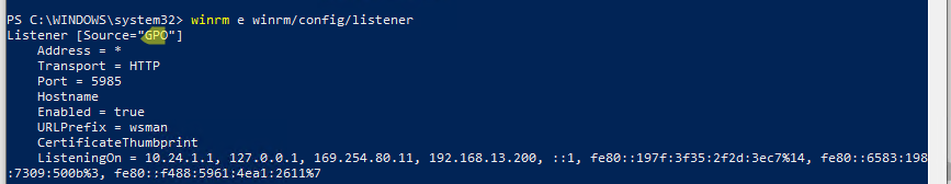 winrm e winrm/config/listener просмотр настроек winrm, служба настроена через GPO