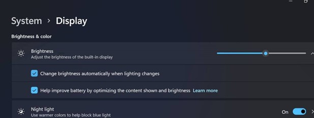 отключить адаптивную яркость дисплея в Windows 11