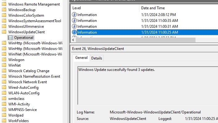 Логи windowsupdateclient в журнале событий Windows