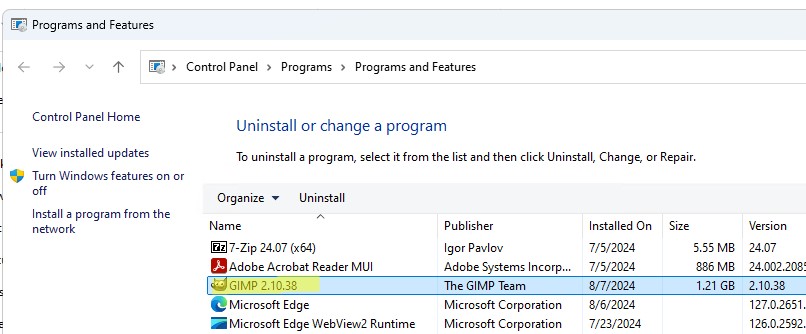 список установленных программ в панели управления Windows