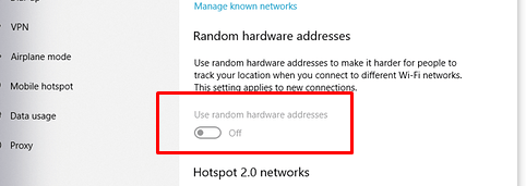 Опция Use random hardware addresses недоступна в панели Параметры Windows