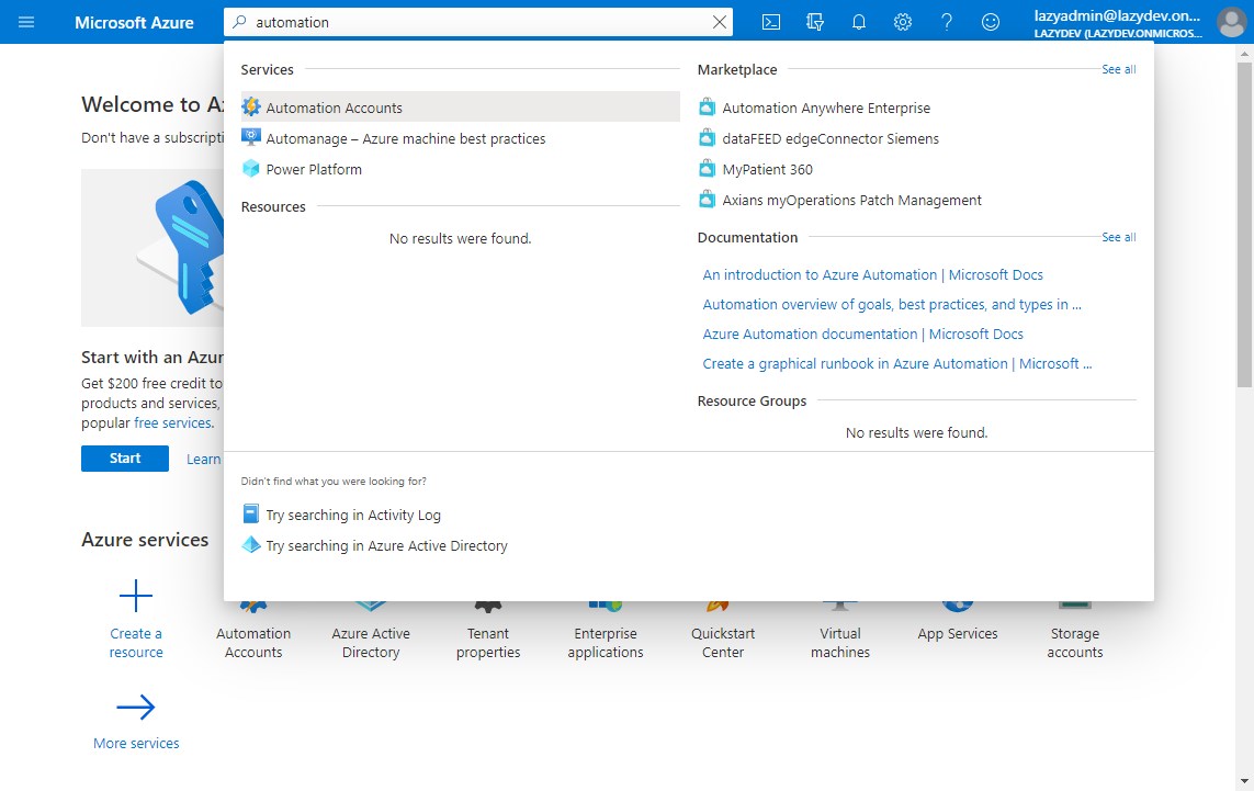 Поиск Automation Accounts в Azure portal. Интерфейс исходного примера.