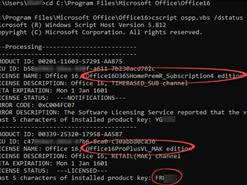 ospp.vbs dstatus - вывести список лицнезий Office на компьютере