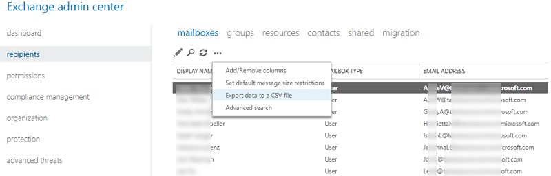 exchnage admin center экспорт списка адресов в CSV файл
