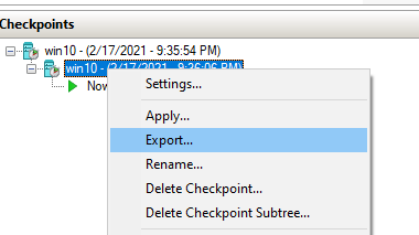 экспорт снимка ВМ в hyper-v
