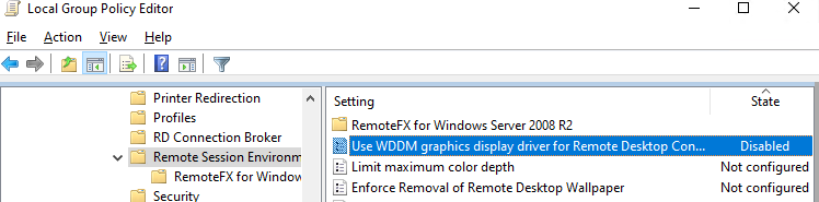 Use WDDM graphics display driver for Remote Desktop Connections