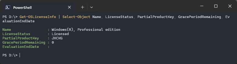Результат Get-OSLicenseInfo с выбранными свойствами лицензии Windows