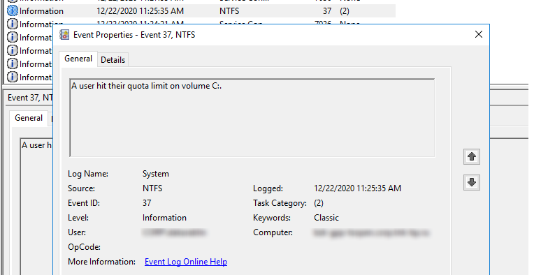 уведомление о превышении квоты A user hit their quota limit on volume C: