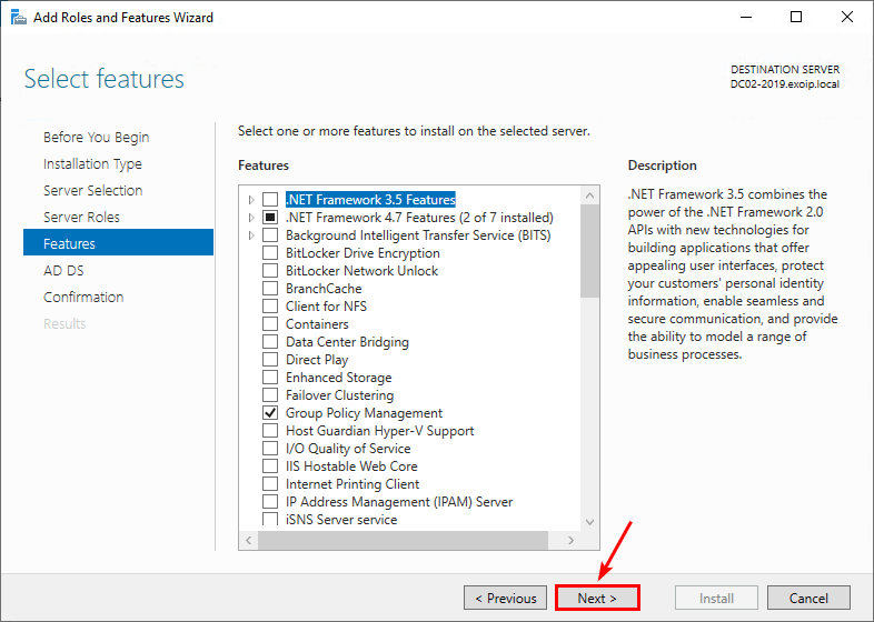 Выбор дополнительных компонентов Windows Server