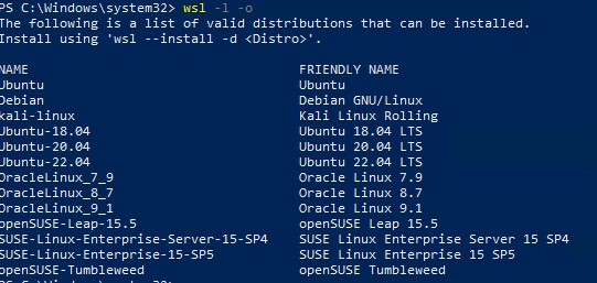 список доступных дистрибутивов Linux для WSL