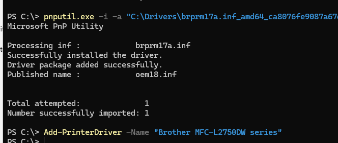 pnputil.exe - команда установки драйвера печати из inf файла