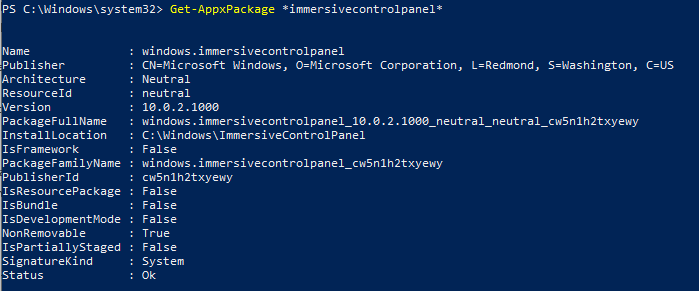 Get-AppxPackage immersivecontrolpanel - приложение Параметры Windows
