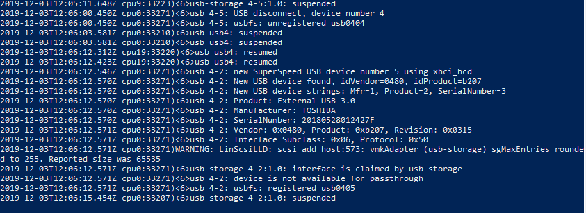 esxi vmkernel.log - лого подключения usb устройства к хосту